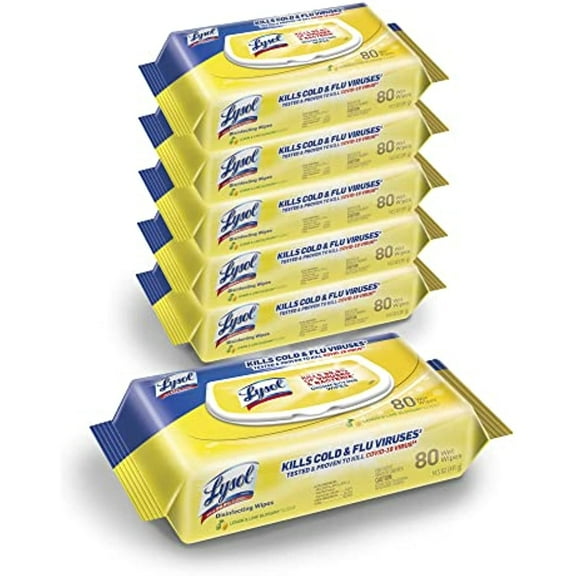 Lysol Disinfecting Wipes, Lemon And Lime Blossom, 7" X 8", 17.7 Oz, 80 Wipes Per Flat Pack, Carton Of 6 Flat Packs