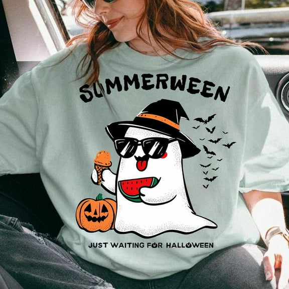 Summerween Spooky Halloween Shirt, Trendy Summer Vibes Tee with Pumpkin Ghost, Characters T-Shirt, Funny Summer Halloween Graphic