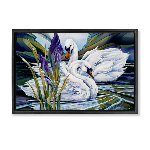 Stupell Industries Swans with Abstract Pond Ripples Animals Painting Black Floater Framed Canvas Art Print Wall Art, 25 x 17