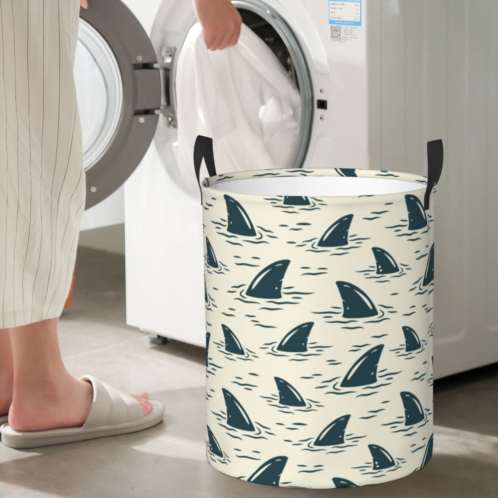 Large Laundry Basket with Handles - Cartoon Wavy Shark Fin Kids Baby Dirty Clothes Laundry Hamper for Bedroom Aesthetic