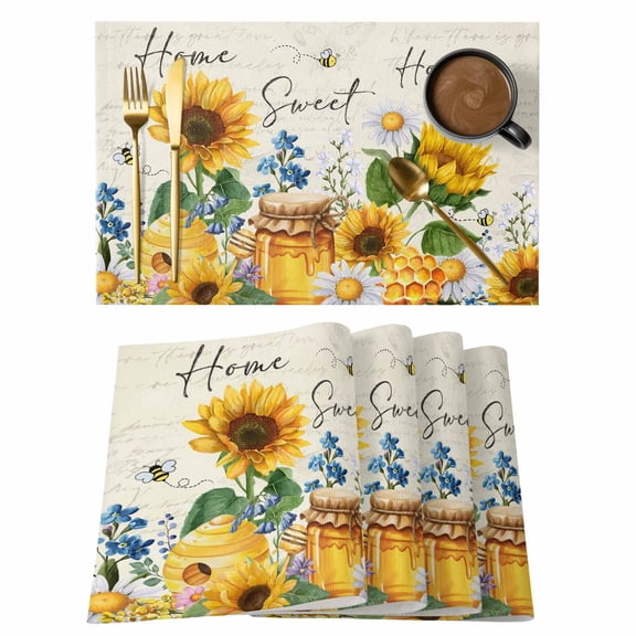 Yellow Sunflowers Placemats Set of 12, Daisy Bees Elegant Pastoral Floral Placemats for Dining Table, Place Mats for Kitchen Tabletop, Waterproof Wipeable Dining Table Mats Set