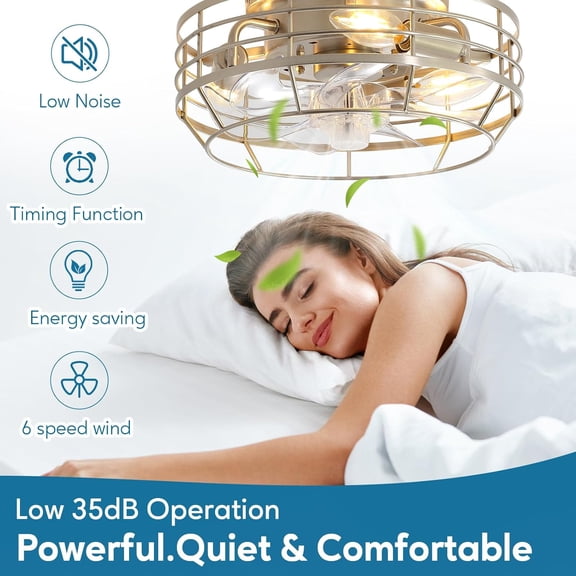 Caged Ceiling Fan with Light and Remote, Brushed Nickel Flush Mount Bladeless Fan for Kitchen Bedroom Living Room