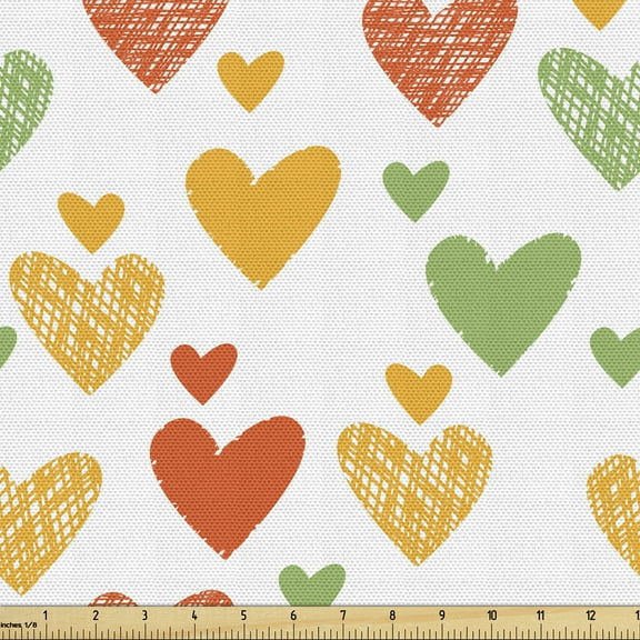 Ambesonne Valentine Fabric by the Yard Upholstery, Irregular Hatched Hearts, 2 Yards, Marigold Pistachio Green