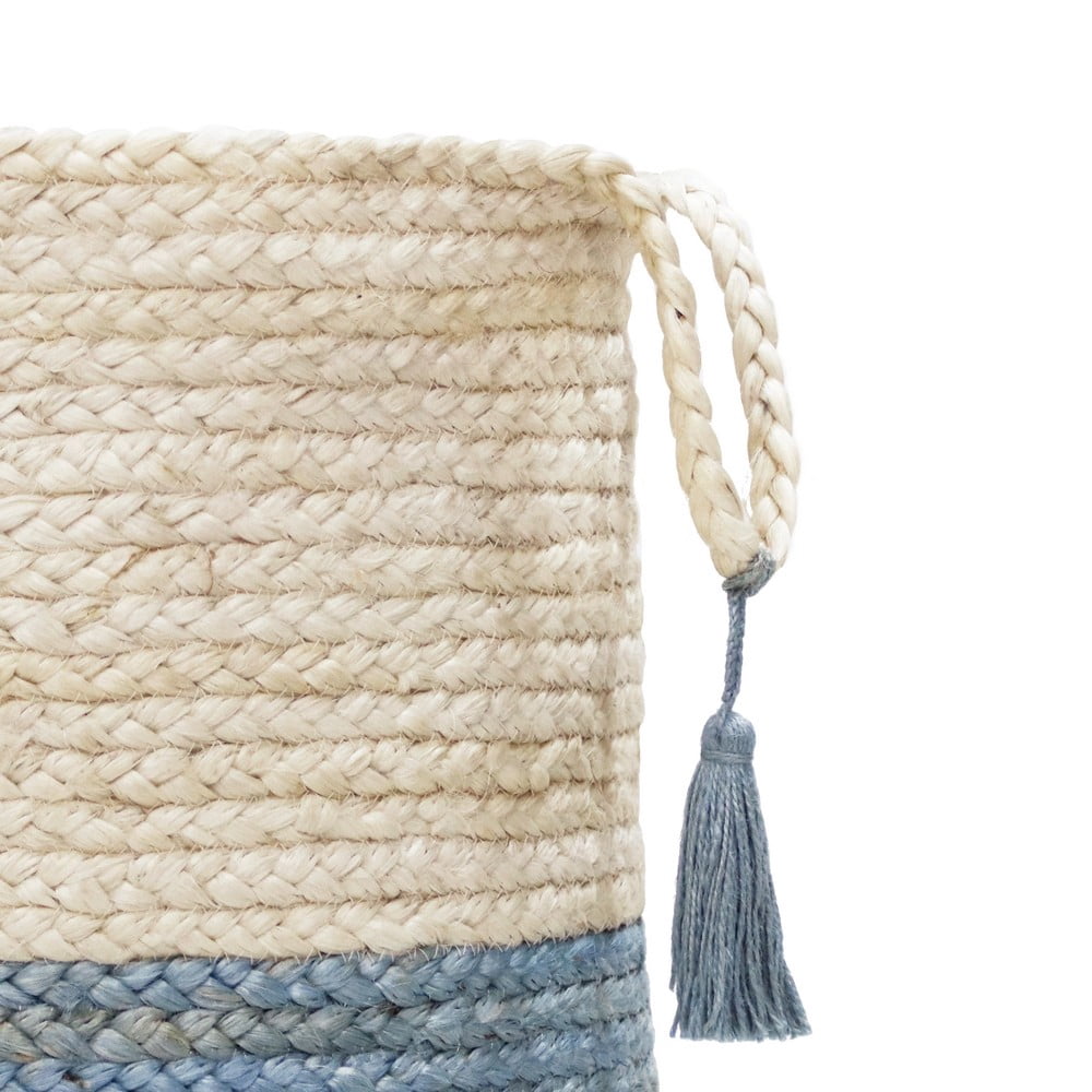 LR Home Woven Round Jute 17" Storage Basket with Handles, Blue/White Stripe