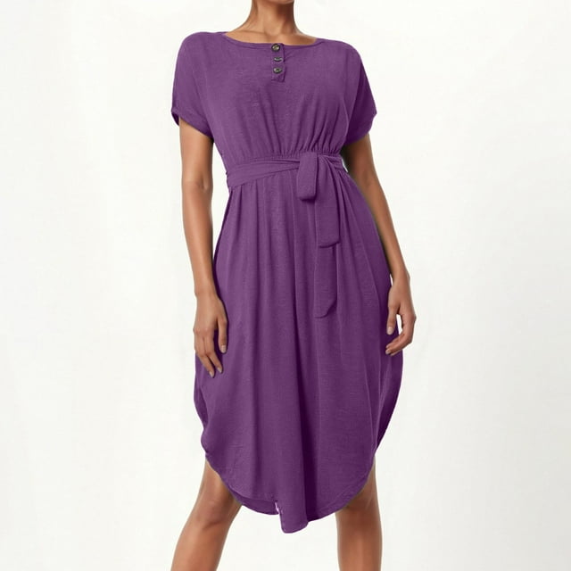 WILLBEST Vestidos Casuales Para Mujer 1 Vestido Casual Para Mujer, Holgado, Con Botones Y Cinturón, Para Uso Diario, Primavera, Verano Y Otoño, Básico, Color Liso, Midi