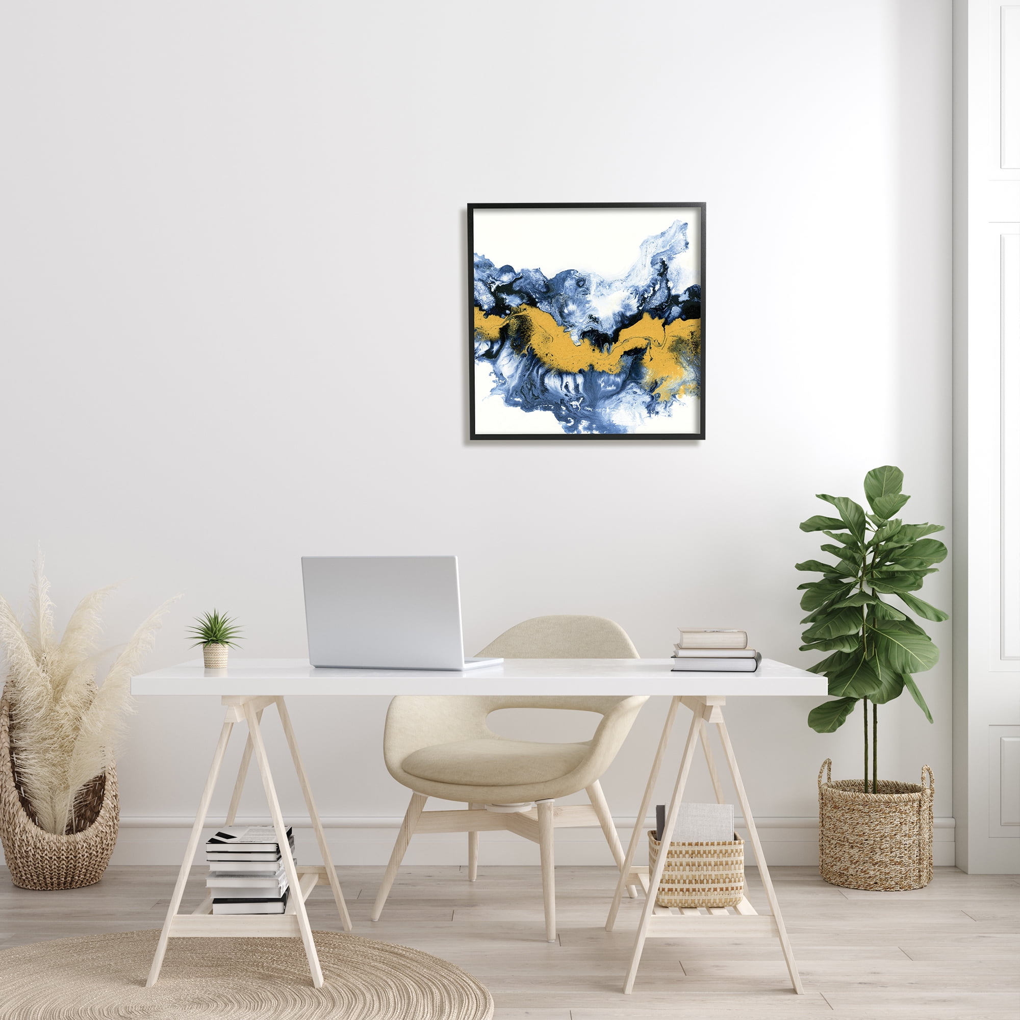 Stupell Industries Abstract Paint Infusion Fluid Blue Yellow Integration Abstract Painting Black Framed Art Print Wall Art, 24 x 24