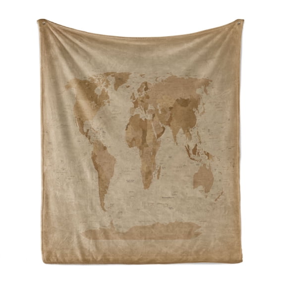 Antique World Map Soft Flannel Fleece Blanket, Brown Colored Lands Pattern with Continents Asia Europe Americas, Cozy Plush for Indoor and Outdoor Use, 60" x 80", Camel Tan and Brown, by Ambesonne
