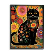 Stupell Industries Cat with Patterned Florals Animals & Insects Painting Black Framed Art Print Wall Art, 24 x 30