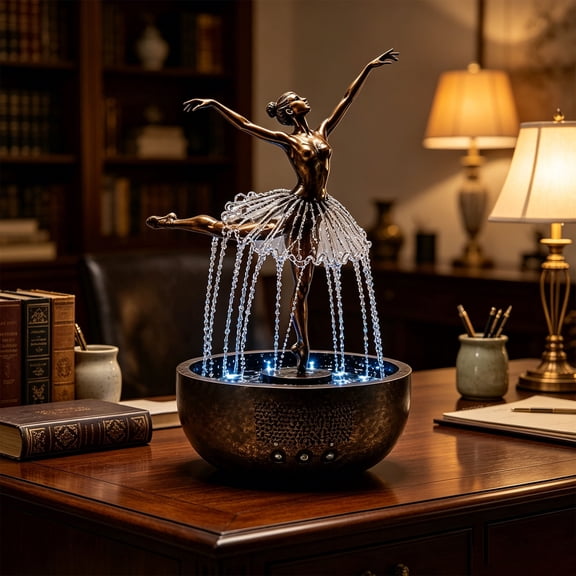Hometravel Ballet Dancer Water Fountain, Circular Tabletop Water Feature with Lights, Flowing Water Art Piece for Living Room, Mantel, Office Display Decor