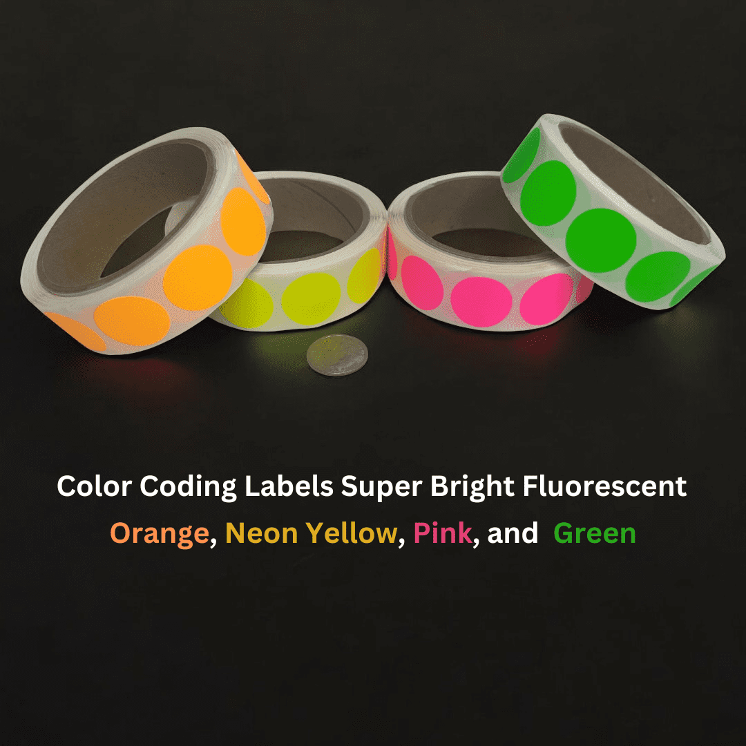 Color Coding Labels Super Bright Fluorescent Neon Yellow, Green, Orange & Pink Round Circle Dots For Organizing Inventory 1" 2,000 Total Adhesive Stickers (500 of each color)