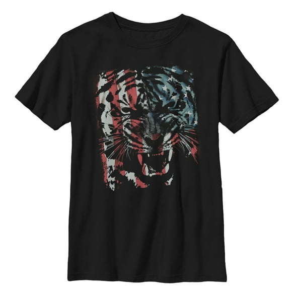 Boy's Lost Gods Tiger Growl American Flag  Graphic Tee Black Medium