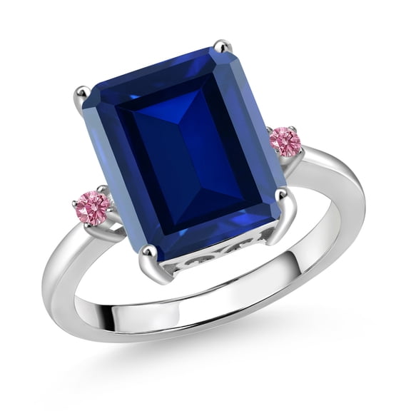 Gem Stone King 925 Sterling Silver 12X10MM Blue Simulated Sapphire and 2MM Pink Lab Grown Diamond 3 Stone Engagement Ring for Women | 6.78 Cttw | Gemstone September Birthstone | Size 5