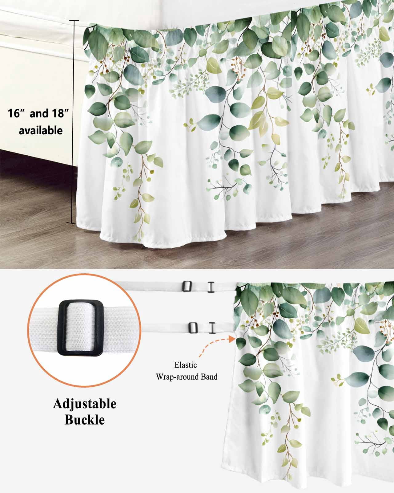 Sage Green Eucalyptus Wrap Around Bed Skirts for Queen Bed 18" Drop,Bed Skirt with Adjustable Elastic Belt Dust Ruffle Bed Valance for Bedroom Hotel Pastoral Watercolor Leaf Fruit Bed Frame Cover