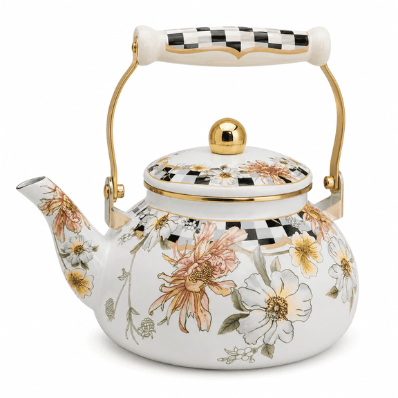 Lnshop Vintage Floral Enamel Tea Kettle, 2.5L / 2.6 Qt Stovetop Teapot with Porcelain Handle, Decorative Hot Water Kettle for Gas, Electric and Induction Cooktops, Cream Flower Kitchen Kettle