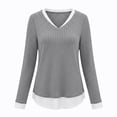thumbnail image 5 of Women's Casual 2 in 1 Pullover Long Sleeve Layered Shirts V Neck Solid Color Blouse Fall Fashion Outfits, 5 of 9