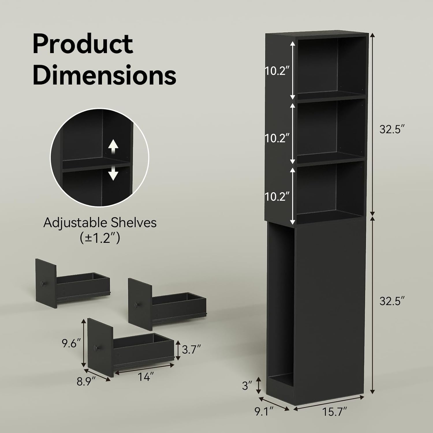 Tall Narrow Free Standing Bathroom Storage Cabinet with 3-Level Adjustable Shelves Home - Space Saver for Living Room Kitchen - Classic Black
