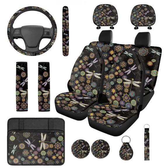 Yuyamidu Boho Car Seat Cover Full Set with Steering Wheel Cover Seat Belt Cover Dragonfly Center Console Cover Headrest Covers Keychain Coaster Universal Fit, 14 Piece