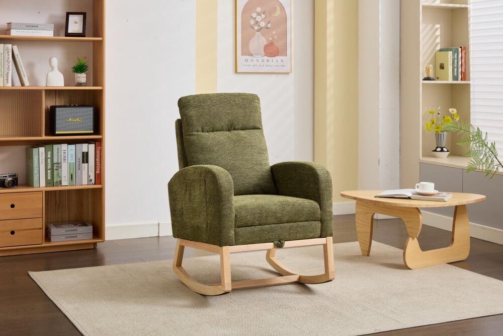 Comfortable Nursery Rocking Chair with Solid Wood Legs & Side Pocket, High Backrest Glider for Parent & Baby, Durable Lounge Chair for Living Room Relaxation