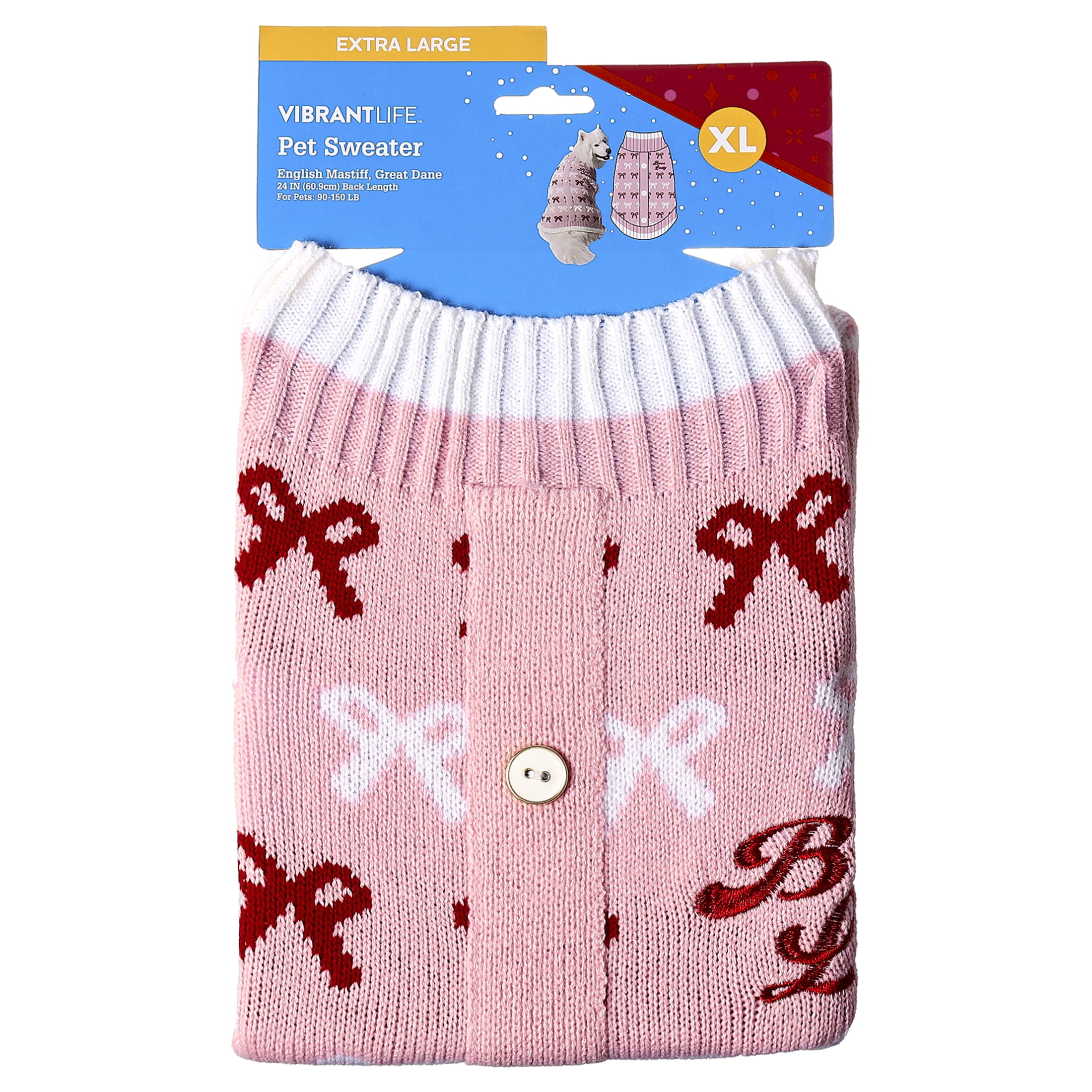 Vibrant Life Holiday Pet Sweater for Dogs, Boss Lady Bows, Pink, Extra Large