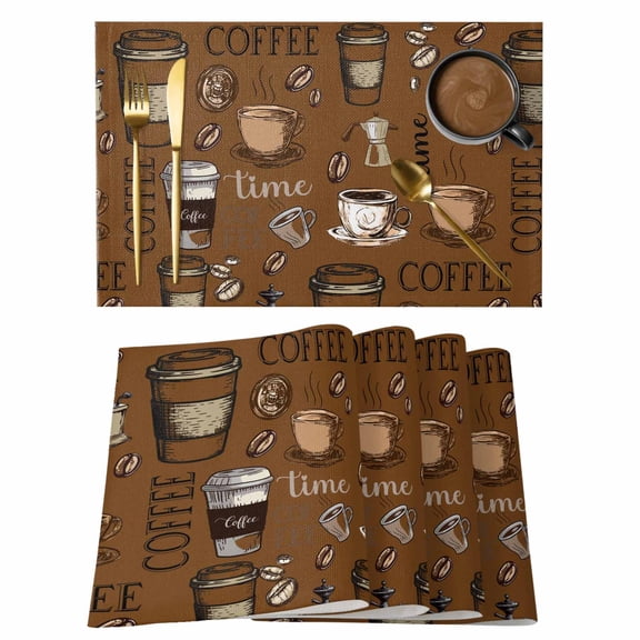 Placemats 1 Pack, Coffee Theme Woven Placemat, Linen Place Mats for Kitchen/Dining Tables, Funny Brown Vintage Beans Latte Tea Cup Washable Table Mats for Party