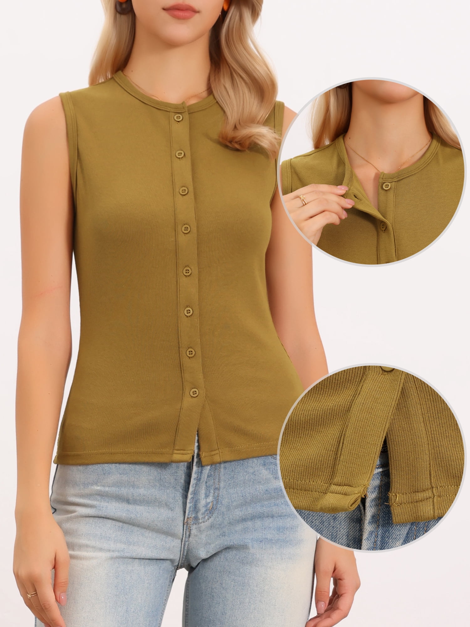 DARING DIVA Women's Button Down Sleeveless Y2K Going Out Vest Top M Khaki