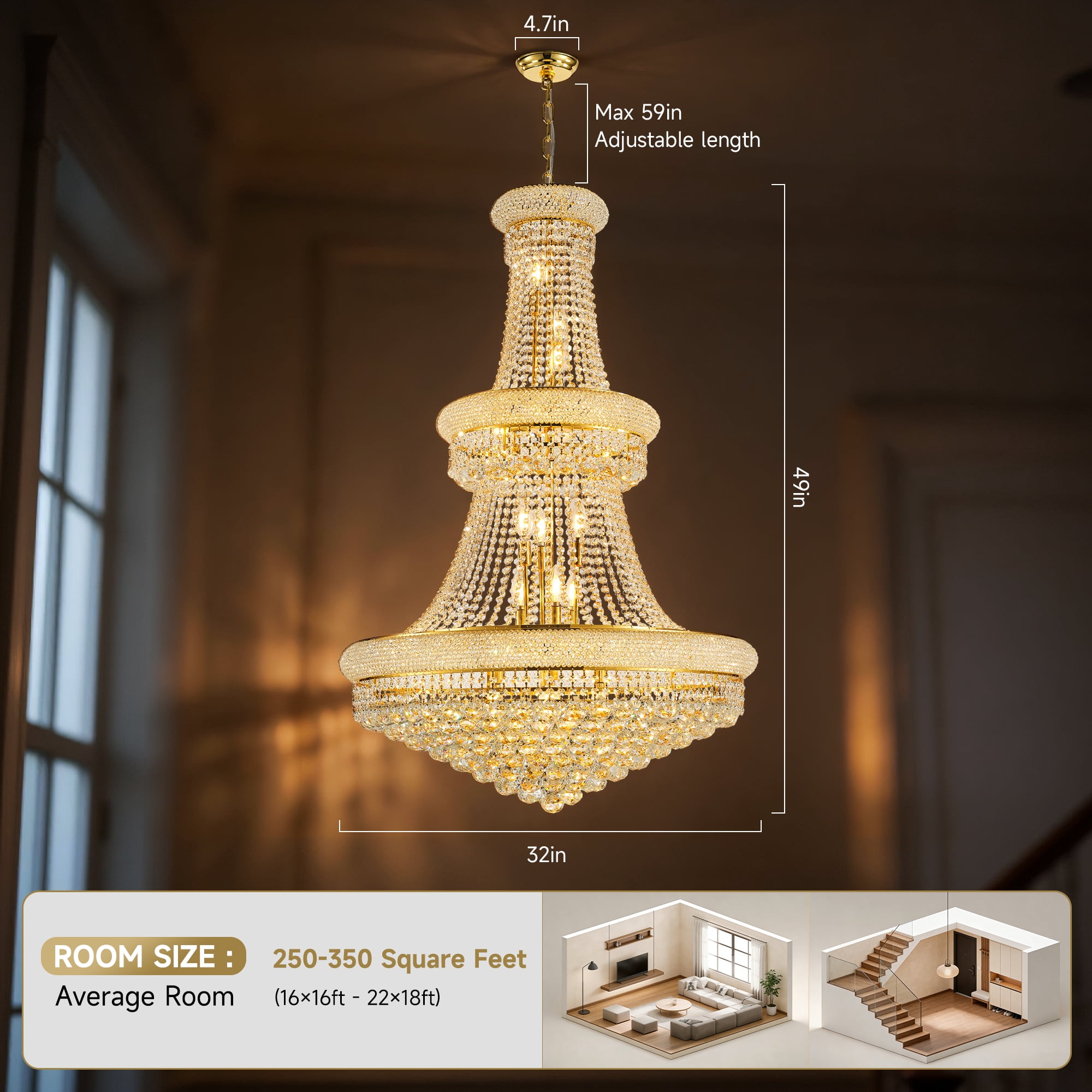 32-Inch Gold Crystal Chandelier, 27-Light French Empire Ceiling Light with LED Bulbs, Adjustable 59-Inch Chain, 3000K Warm Light, Ideal for Living Room, Dining Room, and Foyer
