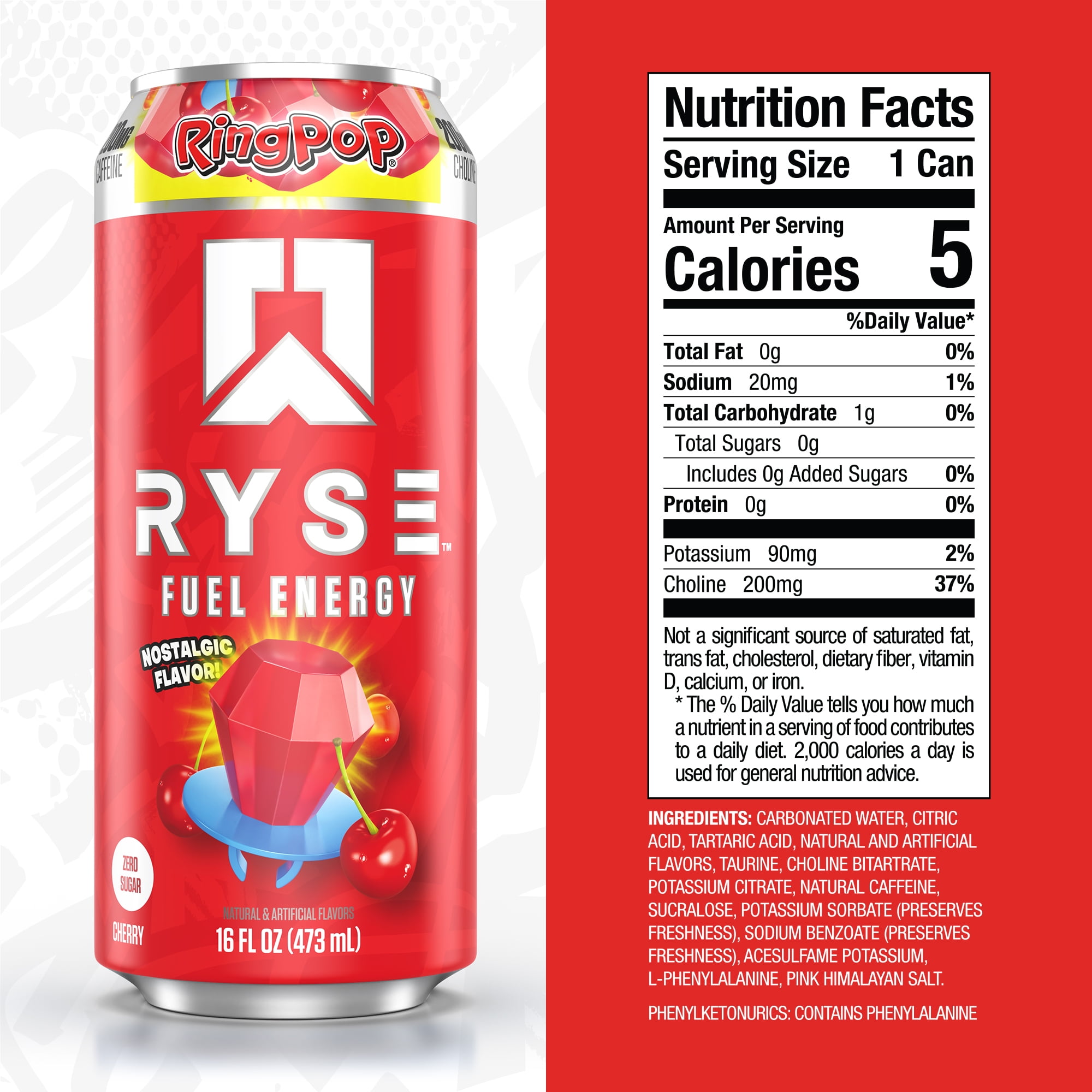 RYSE Fuel Energy Drink - Ring Pop Cherry - Sugar Free - 16 fl oz (12-Pack)