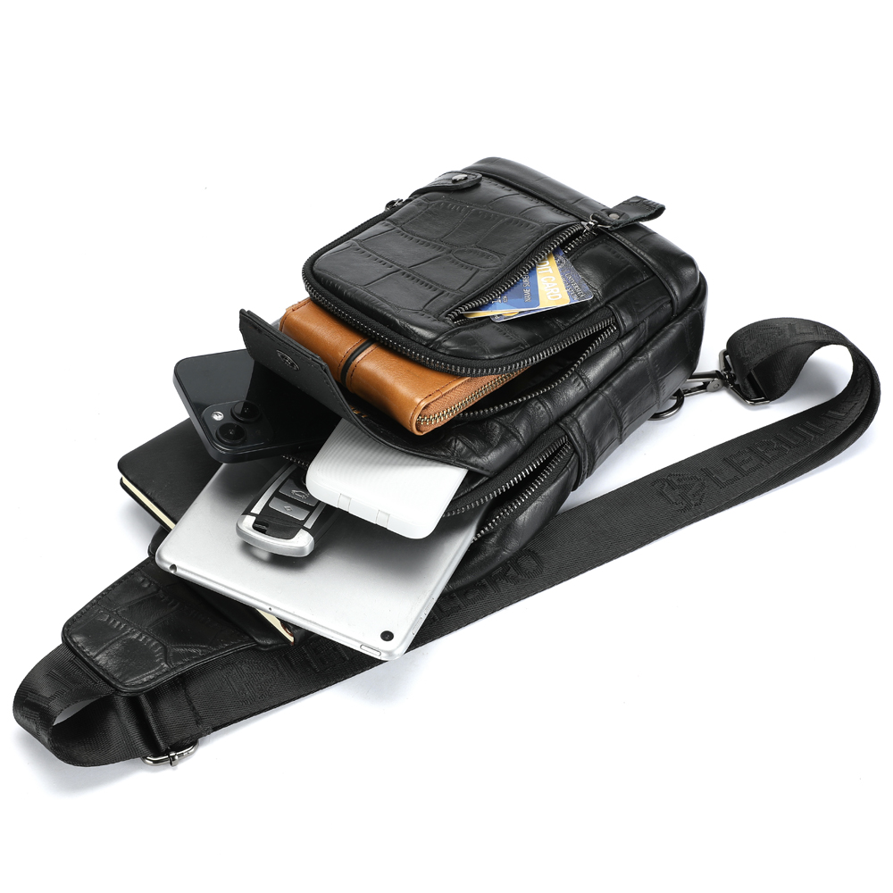 LEBULLBRO Sling Bag for Men Genuine Leather Chest Bag Crossbody Backpack Travel Hiking Outdoor Sports Alligator Pattern Cowhide