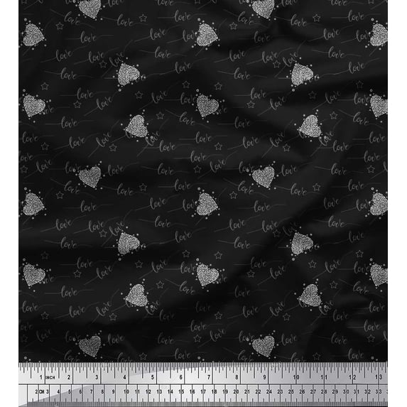 Soimoi Black Moss Georgette Fabric Heart & Love Text Print Fabric by Yard 42 Inch Wide