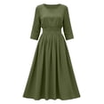 thumbnail image 4 of Bxsruta Womens Casual Midi Dress 3/4 Sleeve Pleated Flowy Dresses for Women Crew Neck Smocked Waist A-Line Swing Dress, 4 of 6