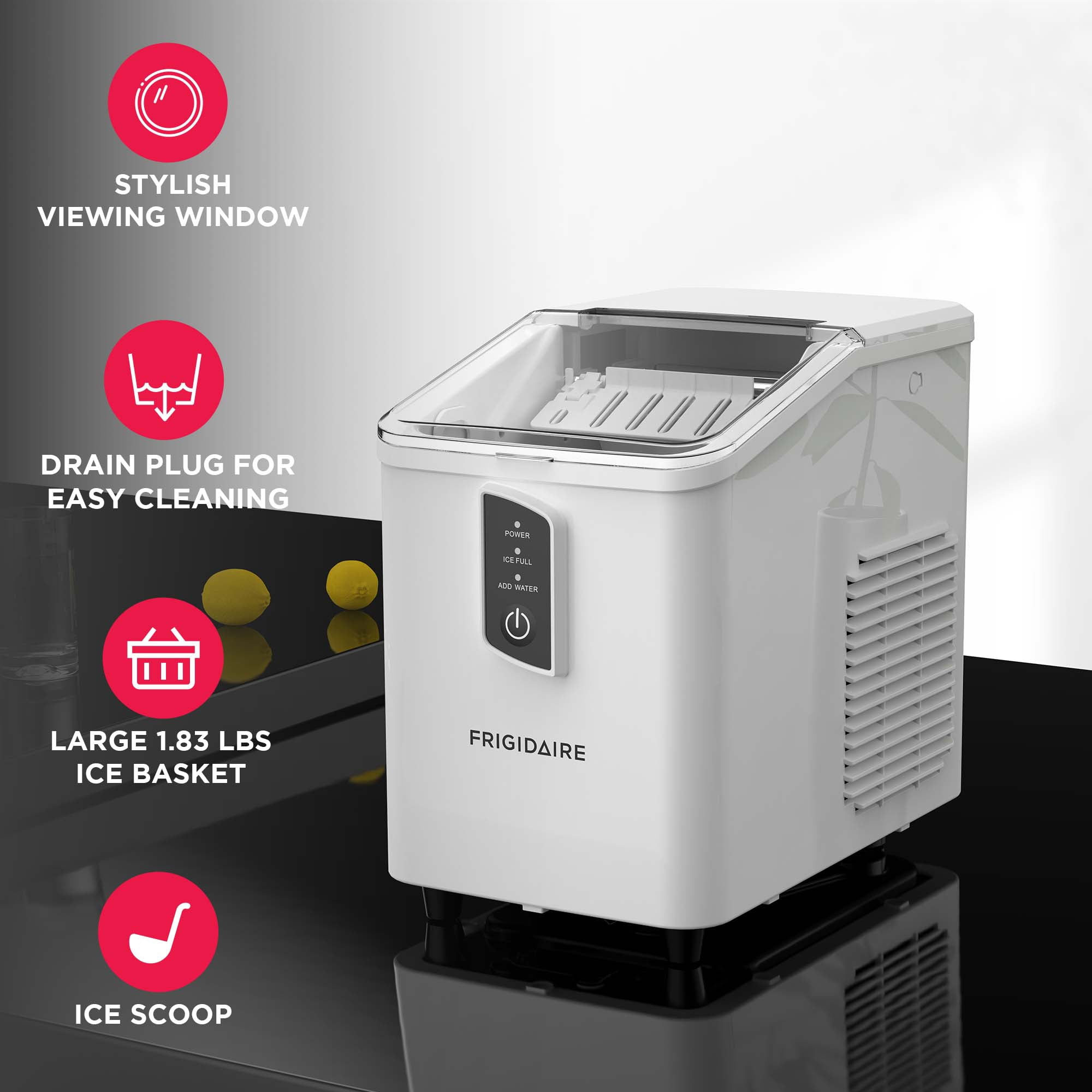 Frigidaire Countertop Ice Maker, 26 lbs Daily, Bullet Shaped Ice, White