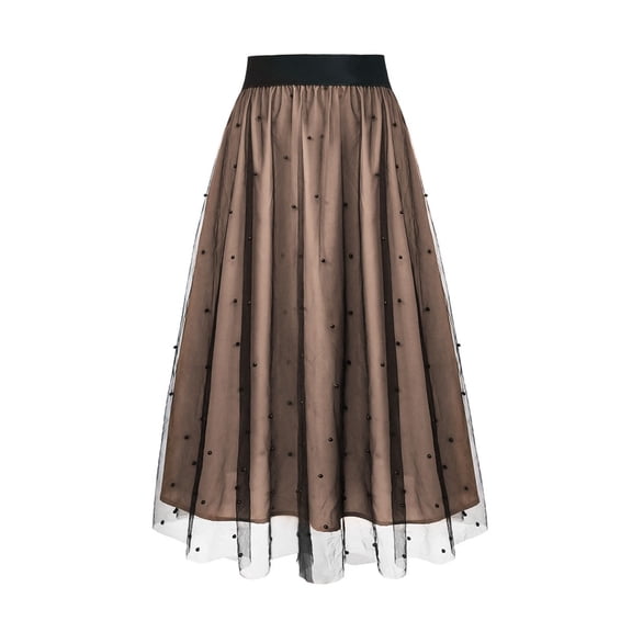 Women's Elegant A-Line Skirt with Mesh Polka Dots and Beaded Accents