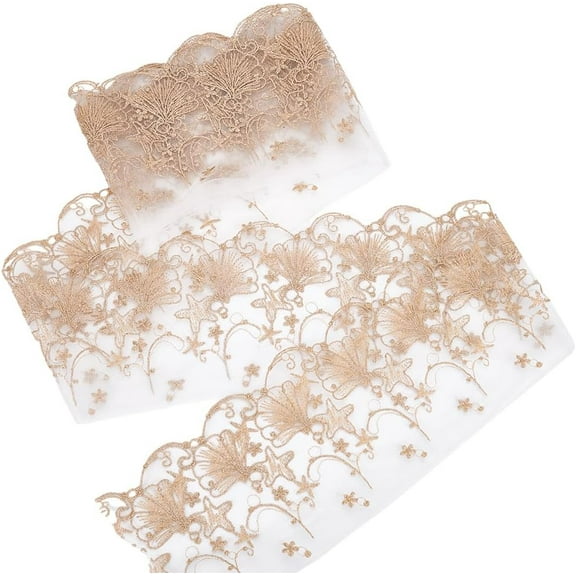 2 Yards Starfish Embroidery Tulle Lace Trim 6inch Gold Shell Lace Mesh Fabric Lightweight Vintage Sewing Lace Trim Fabric for Dress Clothing Applique DIY Crafts Decoration Polyester