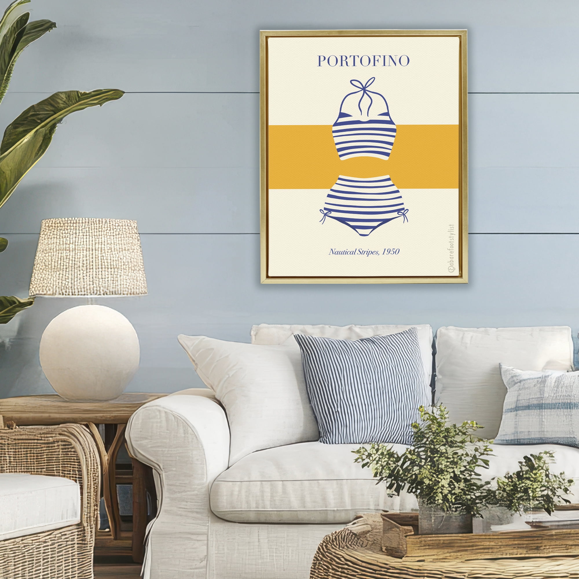 Stupell Industries Portofino Striped Bikini Gold Framed Floater Canvas Wall Art, design by A Barefoot Stylist