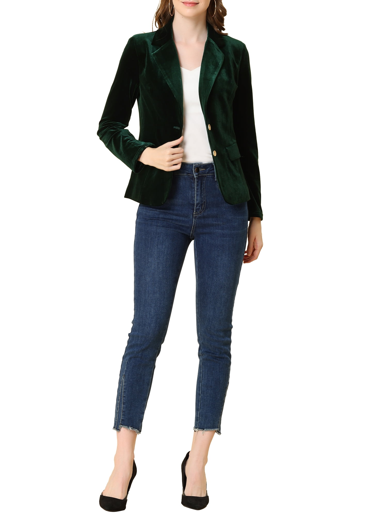 DARING DIVA Women's Notched Lapel Button Front Office Velvet Blazer L Dark Green