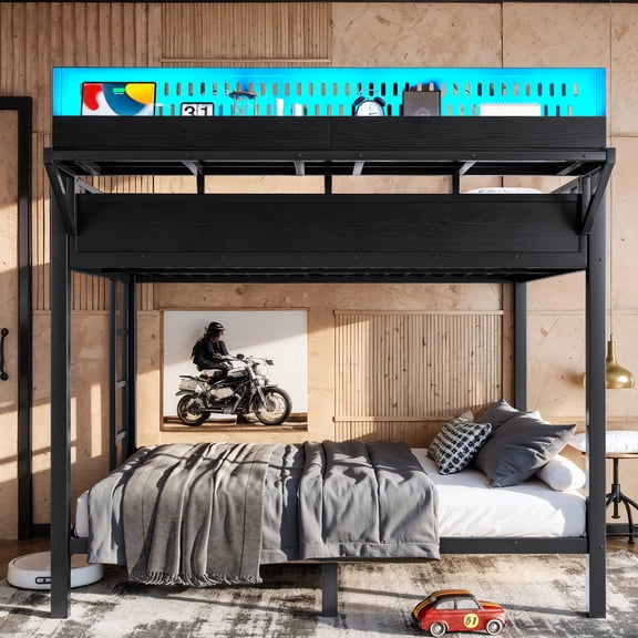 Leumius Full over Full Size Metal Bunk Bed with Storage Shelves and Pegboard, Bunk Bed Frame with USB Ports and LED Lights, Space-Saving for Teens and Adults Black