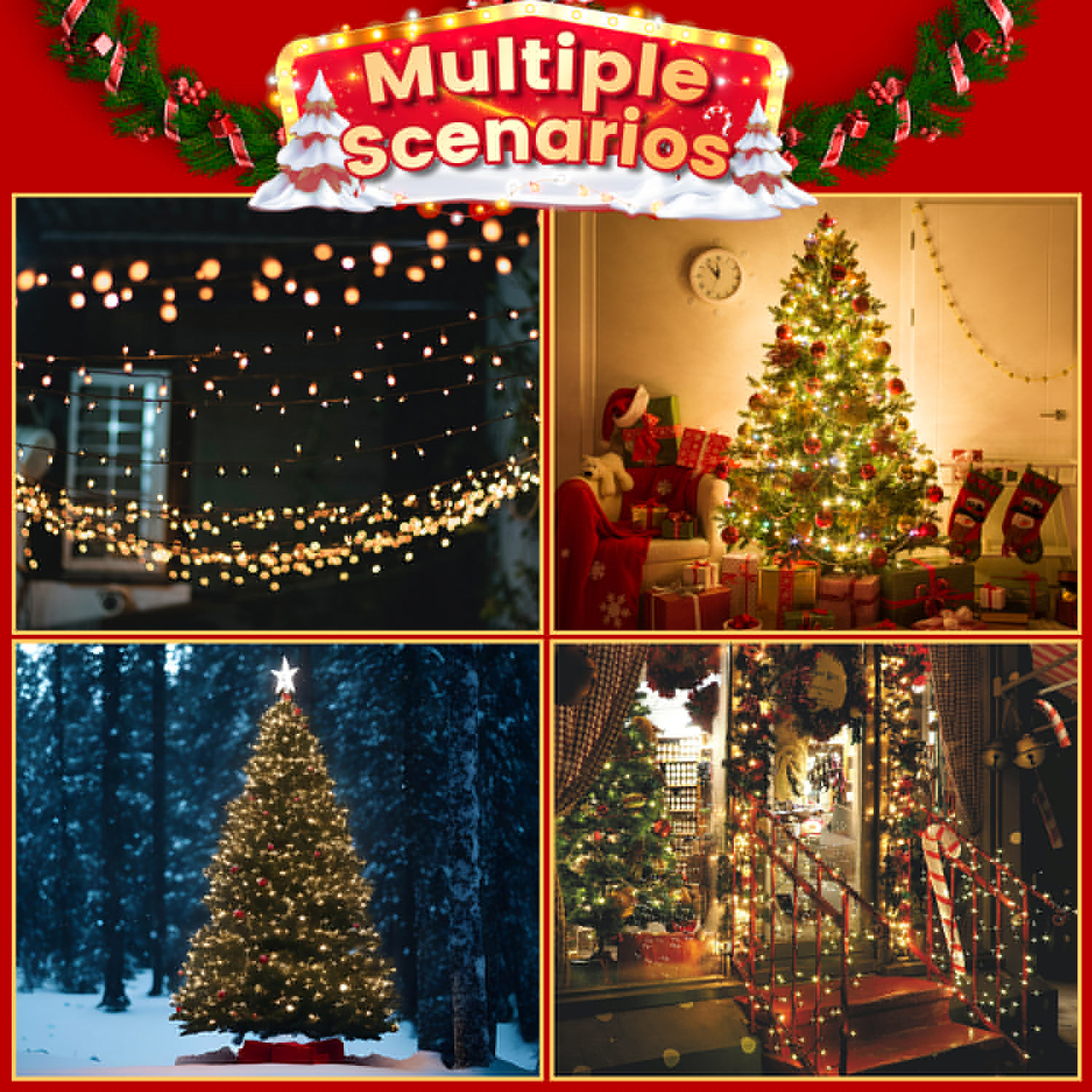 thumbnail image 4 of Guirnalda de luces navideñas de 19 m x 8 líneas para árbol de Navidad de 1,8 a 2,4 m, 280 LED para decoración de interiores y exteriores, color blanco cálido., 4 of 8