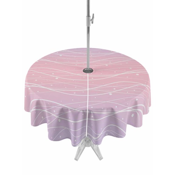 Outdoor Tablecloth with Umbrella Hole for Patio/Picnic/Party/Camping, Pink Purple Ombre Waterproof Table Cloth Round Cover Washable, Modern Abstract Striped Polka Dots (Dia 60")