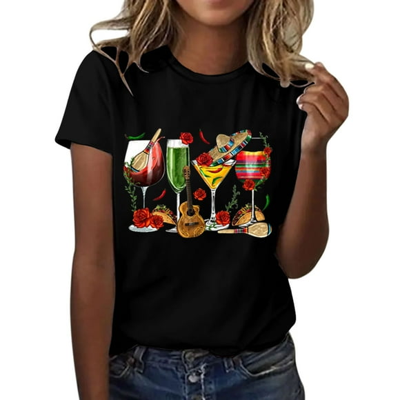 DondPO Women's T-Shirts De Women's Wine Glass Mexican Printed Shirt Short Sleeve Round Neck T Shirt Fashion top Casual Summer Clothing Clothes Shirts for Women Womens tops Black 3XL Clearance!
