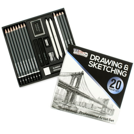 Pencil Charcoal Drawings - 20 Piece Artist Drawing & Sketching Set with Pencils, Charcoal, Stumps & More