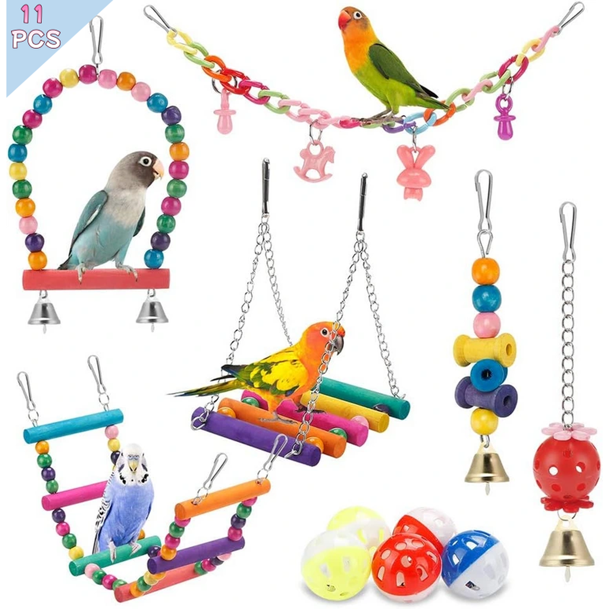 Colorful Parakeet Bird Toys Set, Chewing Hanging Swing, Hammock, Climbing Ladder Standing Perch Bird Cage Accessories, Small Parrot Enrichment Toys for Budgerigar, Finches