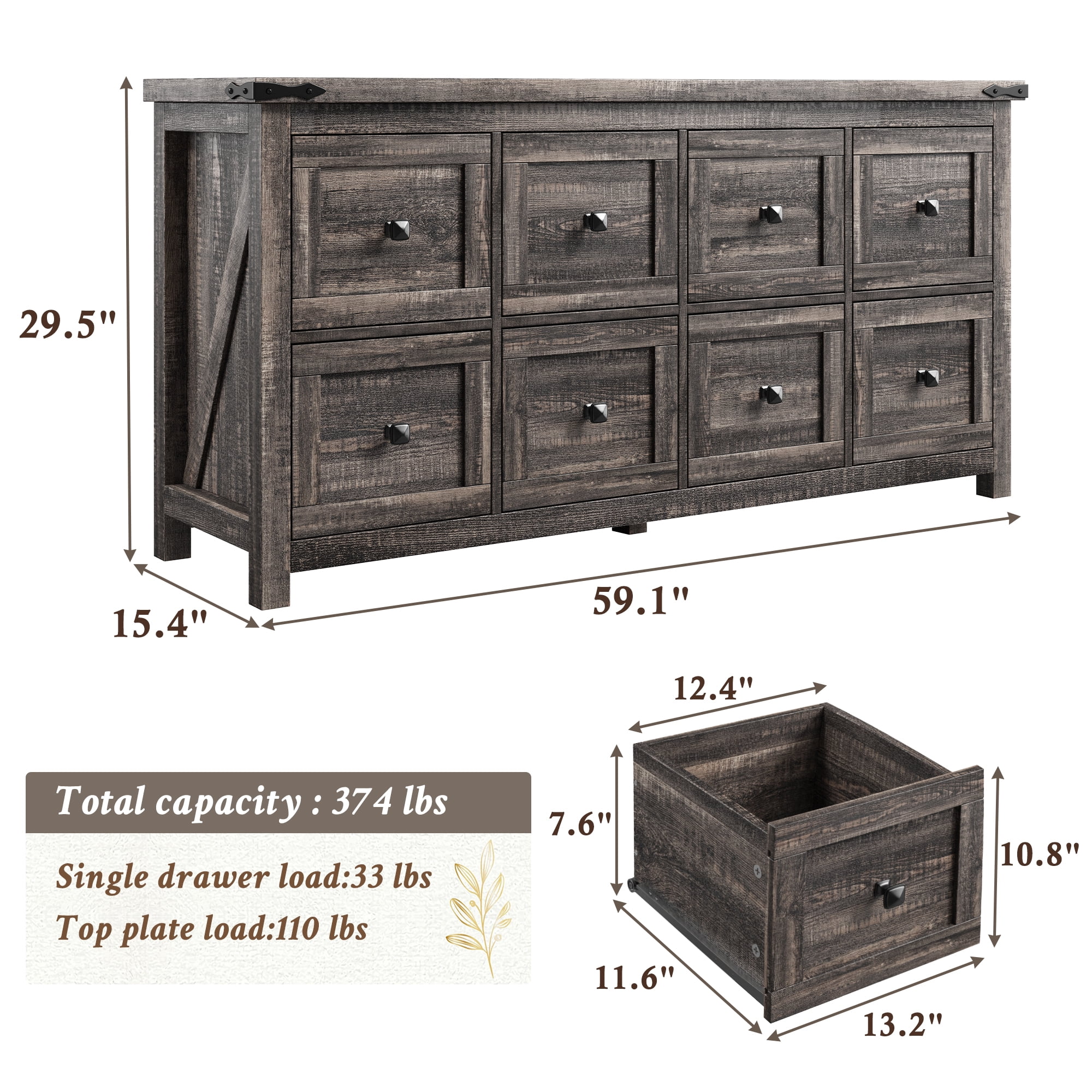 EnHomee Dresser for Bedroom Wooden Dresser TV Stand Farmhouse Dresser with 8 Drawers, Dark Rustic Oak