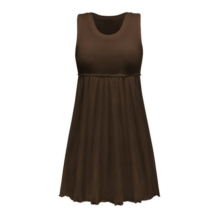 

Women s Dresses Swing Dress Sleeveless Round-Neck Long Maxi Dress Solid Casual Clothes Fashion for Women Lady Pleated Skirt XL Brown