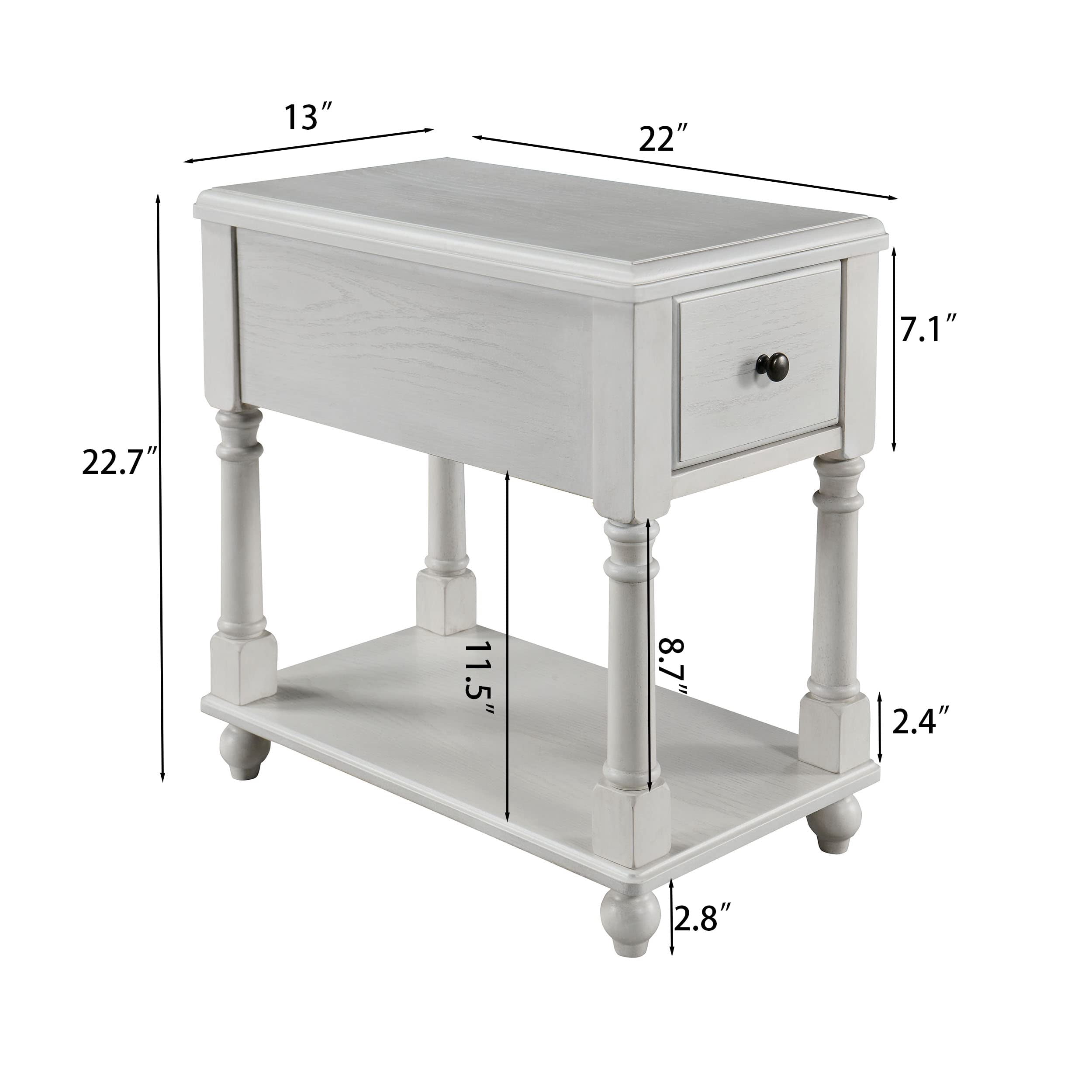 JESONVID Narrow Open End Table with Drawer, Solid Wood Side Table 2-Tier Skinny Table with Storage Shelves Slim Nightstand Small Sofa End Table for Living Room Bedroom，Antique White