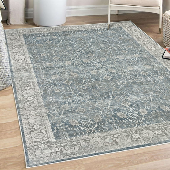 Ethnic Decorative Rug, Weathered Look Abstract Nostalgic Floral Ornaments Vintage Design Flourish, Quality Carpet for Bedroom Dorm and Living Room, 6 Sizes, Grey and Night Blue, by Ambesonne