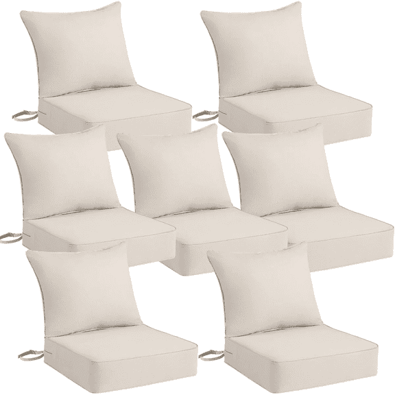 Outdoor Deep Seat Cushion Set, 7-Piece Beige Patio Chair Cushions with Back Pillows, 24"W x 24"D