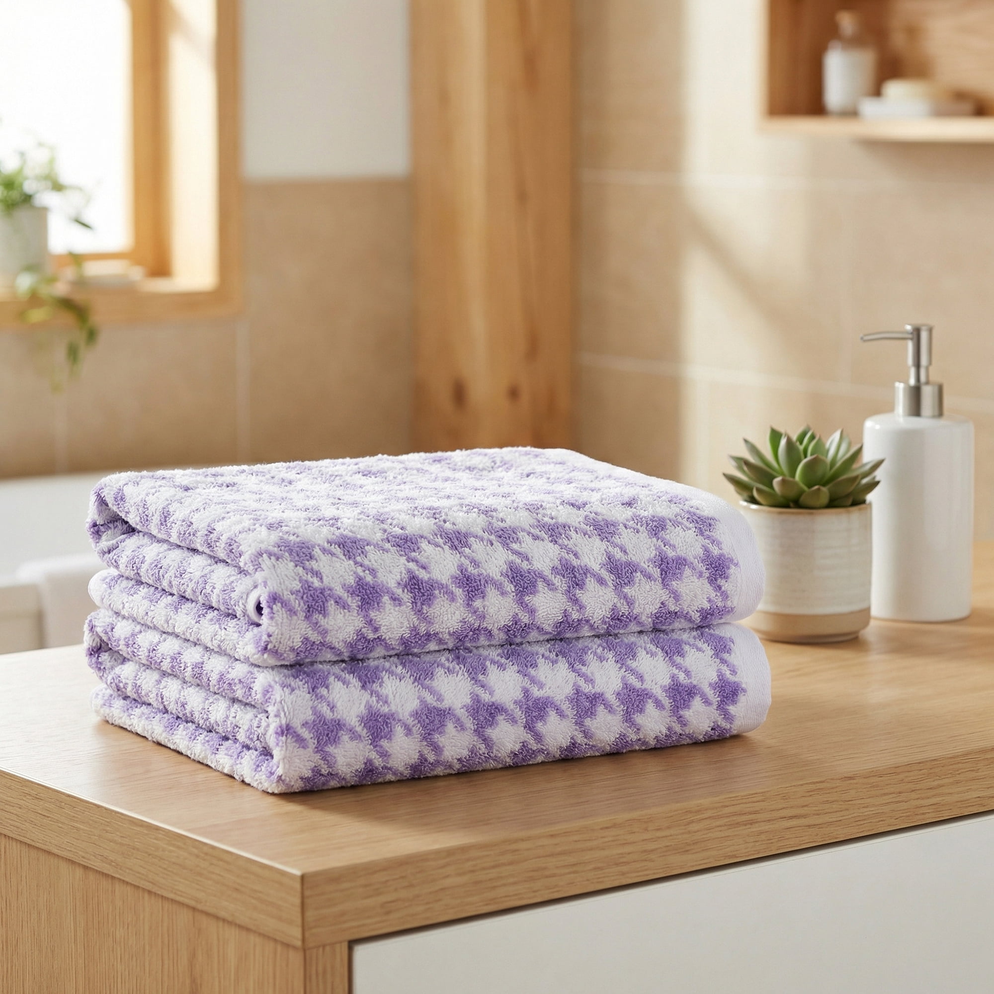Unique Bargains Pure Cotton Houndstooth Soft Absorbent Hand Towels Purple 4pk