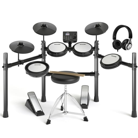AODSK Batería eléctrica con almohadillas de malla silenciosas, batería electrónica para principiantes, USB MIDI, trono, auriculares, baquetas, incluye 15 kits y 195 sonidos, AED-403