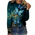 thumbnail image 1 of IROINID Liquidation T-Shirts à Manches Longues pour Femmes Détente Col Rond Haut Imprimé T-Shirt Blouse, Marine, 1 of 3