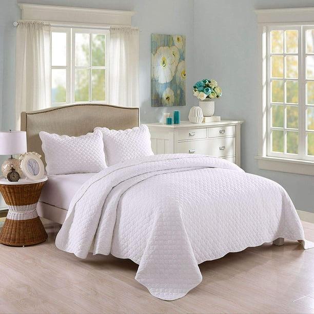 White Cotton Quilt Set Lightweight, Queen Bed Coverlet Set